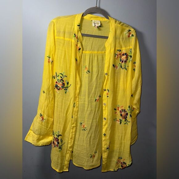 FIG & FLOWER Yellow Boho Embroidered Floral Hippie Chic Loose Fitting Top SZ L - Picture 1 of 8